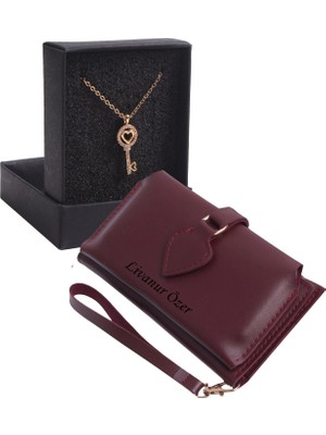 Özka Leather Kişiye Özel Bordo Renk Maça Model Cüzdan & Altın Anahtar Kolye Set - Anahtarlık Hediyeli!
