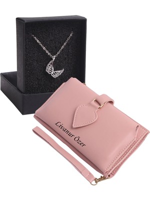 Özka Leather Kişiye Özel Pudra Renk Maça Model Cüzdan & Melek Kanatlar Kolye Set - Anahtarlık Hediyeli!
