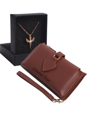 Özka Leather Kişiye Özel Taba Renk Maça Model Cüzdan & Elmasbaş Kolye Set - Anahtarlık Hediyeli!
