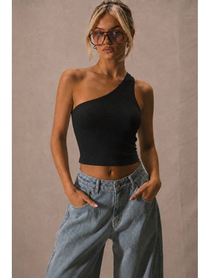 Tarz Cool Kadın Tek Omuz Crop Atlet Esnek Slim Fit Süprem Kumaş Asimetrik Yaka Bluz