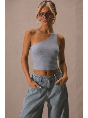 Tarz Cool Kadın Tek Omuz Crop Atlet Esnek Slim Fit Süprem Kumaş Asimetrik Yaka Bluz