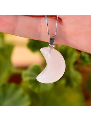 Taş Sandığı Pembe Kuvars Taşı Ay Şeklinde Kolye - Açık Renkli