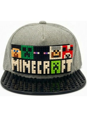 Kutpia Pixel Blok Minecraft Gri Çocuk Kep Şapka – LEGO Uyumlu Siperlikli 4–12 Yaş