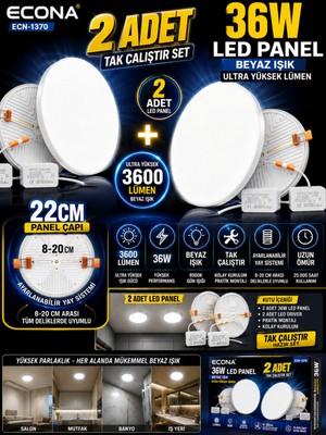 Econa 2 Adet -36W LED Panel Ayarlanabilir Beyaz Işık 8-20 cm Yaylı Asma Tavan Armatürü 22CM Ultra Yüksek Lümen Beyaz Işık Tak Çalıştır Set ,spot Lamba ,sıvaaltı LED Panel,led Işıklı Panel LED