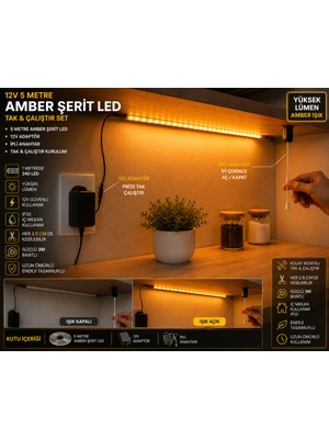 Econa 5 Metre Amber Mutfak Dolabı Tezgah Üstü Için Şerit LED Işık Adaptörlü Ipli Anahtarlı Tak Çalıştır,komple Yanar Set
