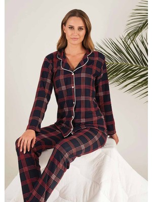 Estiva Ekose Desenli Düğmeli Biyeli Pijama Takımı