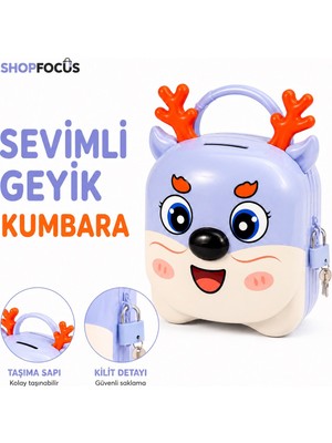 Shopfocus Sevimli Geyik Figürlü Kilitli Anahtarlı Kumbara Taşıma Sapı Özel Şeffaf Kutulu Hediyelik Çocuklar Için