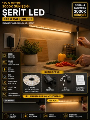 Econa 5 Metre Günışığı Mutfak Dolabı Tezgah Üstü Için Şerit LED Işık Adaptörlü Ipli Anahtarlı Tak ÇALIŞTIR,3000K,HAZIR Yanar LED Seti ,