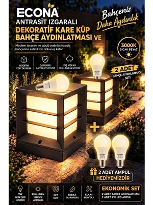 Econa 2 Adet Antrasit Dekoratif Kare Küp Set Üstü Izgaralı Abs Bahçe Aydınlatma Armatürü Set Üstü Dekoratif Aplik,baba ÜSTÜ,9W LED Ampul Dahil 3000K