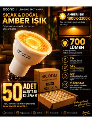 Econa 50 Adet Amber 7W GU10 Duy LED Spot Ampul 50LI Koli Paket ,700 Lümen Sıcak & Doğal Amber Işık, Gün Işığı Dekoratif Spot Aydınlatma Seti Uzun Ömürlü) Kehribar Renk Spot Ampul