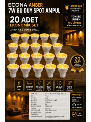 Econa 20 Adet 7W GU10 Duy LED Spot Ampul 20LI Paket - 700 Lümen Sıcak & Doğal Amber Işık, Gün Işığı Dekoratif Spot Aydınlatma Seti ( Uzun Ömürlü) Kehribar Spot