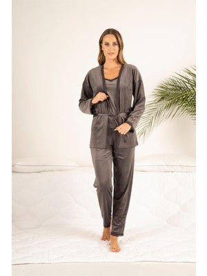 Estiva Kadın Kışlık 3 Parça Sabahlıklı Dantel Detaylı Soft Kadife Pijama Takımı