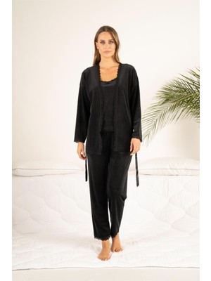 Estiva Kadın Kışlık 3 Parça Sabahlıklı Dantel Detaylı Soft Kadife Pijama Takımı
