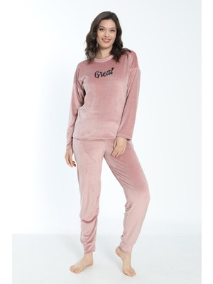 Estiva Kadın Kışlık Great Yazılı Soft Kadife Pijama Takımı