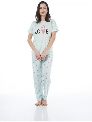 Estiva Kadın Kalp Desenli Kısa Kollu Viskon Pijama Takımı
