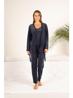 Estiva Kadın Kışlık 3 Parça Sabahlıklı Dantel Detaylı Soft Kadife Pijama Takımı