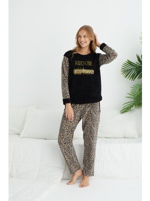 Estiva Kadın Kışlık Deri Desenli Polar Pijama Takımı