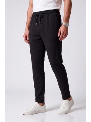 Veleno Erkek Siyah Pantolon Bel Lastikli Likralı Diz Izi Yapmayan Regular Fit Günlük Bağcıklı Jogger Stil