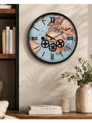 Roma Rakamlı Çarklı Duvar Saati 47 cm Metal Kasa Muyika Hareketli Mekanik Iskelet Sessiz Akar Siyah-Atlas Renkli 47