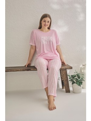 Estiva Kadın Happy Yazılı Kısa Kollu Büyük Beden Yazlık Viskon Pijama Takımı - Pembe