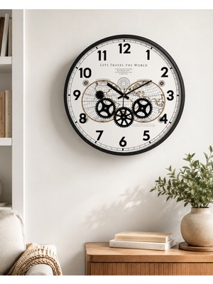 Dünya Haritalı Çarklı Duvar Saati 47 cm Metal Kasa Muyika Hareketli Mekanik Iskelet Sessiz Akar Siyah-Atlas Travel 47