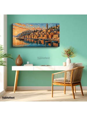Tablofest Yatay Panoramik Kanvas Tablo Italyan Sahil Kasabası Manzara Tablosu Ev Ofis Duvar Dekoru