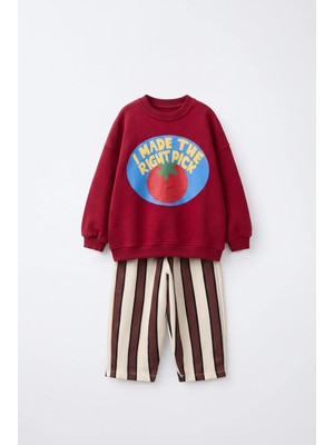 Magu Çocuk  Domates Baskılı Kırmızı Sweatshirt ve Kahverengi Çizgili Eşofman Takımı