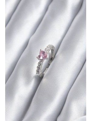 Gümüş Renk Zirkon Taşlı Pembe Kristal Kalp Model Kadın Yüzük - TJ-BYK2851
