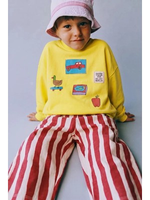 Magu Erkek Çocuk Baskılı Sarı Sweatshirt ve Kırmızı Çizgili Eşofman Takımı