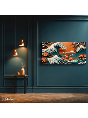 Tablofest Yatay Panoramik Kanvas Tablo Dalga ve Fuji Dağı Manzara Tablosu Ev Ofis Duvar Dekoru