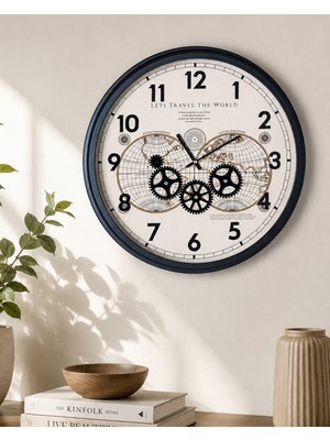 55 cm Katlı Kasa Çarklı Duvar Saati Dünya Haritalı Muyika Hareketli Mekanik Iskelet Sessiz Akar Büyük-Atlas Travel 55