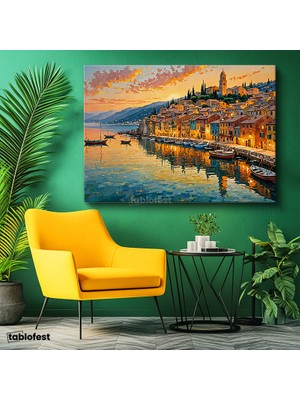 Tablofest Yatay Kanvas Tablo Italya Sahil Kasabası Manzara Tablosu Ev Ofis Duvar Dekoru