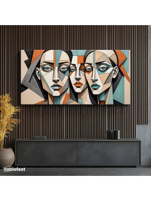 Tablofest Yatay Panoramik Kanvas Tablo Kübizm Yüzler Sanat Tablosu Ev Ofis Duvar Dekoru