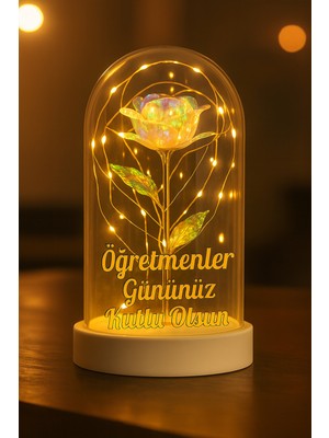 Alshop Öğretmenler Gününüz Kutlu Olsun Yazılı LED Işıklı Solmayan Güllü Gece Lambası Fanus Dekor Süs