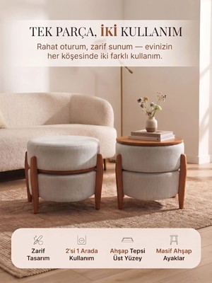 Derisunum Design Derisunum Yuvarlak Puf&sehpa 2'si 1 Arada Çevrilebilir Keten Kumaş Ahşap Ayaklı Oturma Pufu