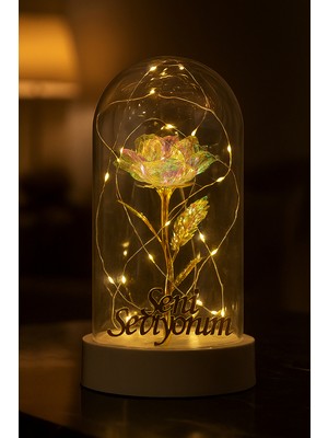 Alshop Seni Seviyorum Yazılı LED Işıklı Solmayan Güllü Gece Lambası Fanus Dekor Süs
