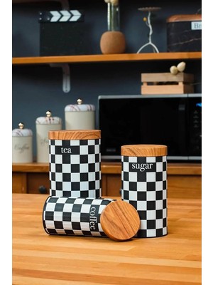Vera Concept Store Ucr Home 3'lü Set Metal Çay Kahve Şeker Saklama Kavanozu - Dama Desenli