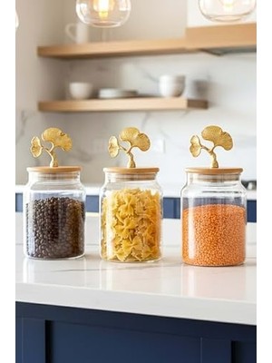 Vera Concept Store 3’lü Bambu Kapaklı Ginkgo Figürlü Kavanoz Seti - Orta Boy Saklama Kabı 890ML