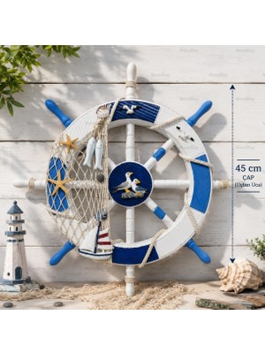 WoodBay Ahşap Marin Dümen Duvar Süsü 45 cm – Denizci Temalı Dekoratif Dümen Balık Ağı Yelkenli Martı Detaylı