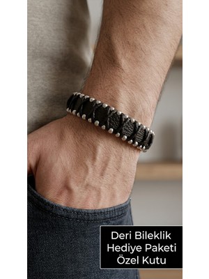 Herşey Nota Cedric Steelstitch Kahverengi Deri Metal Boncuk Detaylı Erkek Bileklik