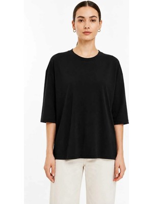 Tenra Kadın Oversize Basic Tişört Rahat Kesim Yarım Kol Bisiklet Yaka