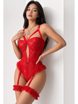 eyetis Kadın Dantel Jartiyerli Fantezi İç Giyim, SırtDekolteli, Askılı Seksi Bodysuit Transparan Gecelik Takım Siyah Mavi KırmızıPembe