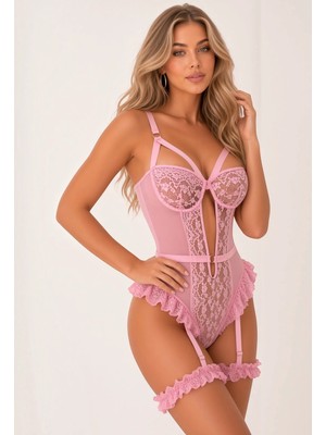 eyetis Kadın Dantel Jartiyerli Fantezi İç Giyim, SırtDekolteli, Askılı Seksi Bodysuit Transparan Gecelik Takım Siyah Mavi KırmızıPembe