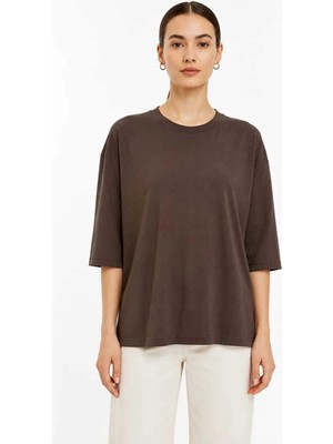 Tenra Kadın Oversize Basic Tişört Rahat Kesim Yarım Kol Bisiklet Yaka