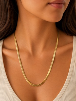 İdilce Gold Renk Italyan Ezme Zincir Kadın Kolye – Yassı Parlak Snake Model