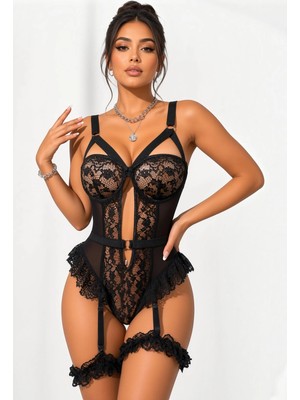 eyetis Kadın Dantel Jartiyerli Fantezi İç Giyim, SırtDekolteli, Askılı Seksi Bodysuit Transparan Gecelik Takım Siyah Mavi KırmızıPembe
