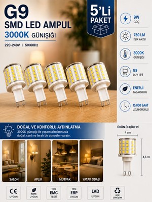 Avarson (5 ADET) 9W 750 Lm 3000K Günışığı G9 Smd LED Ampul