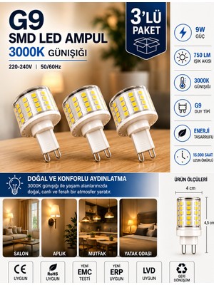 Avarson (3 ADET) 9W 750 Lm 3000K Günışığı G9 Smd LED Ampul