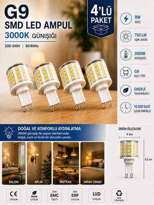 Avarson (4 ADET) 9W 750 Lm 3000K Günışığı G9 Smd LED Ampul
