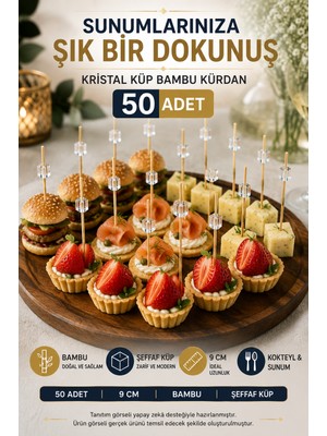 Open City 50’li Kristal Küp Bambu Kürdan 9 cm Parti Davet Kokteyl Kanepe Sunum Kürdanı Organizasyon Sofra Seti